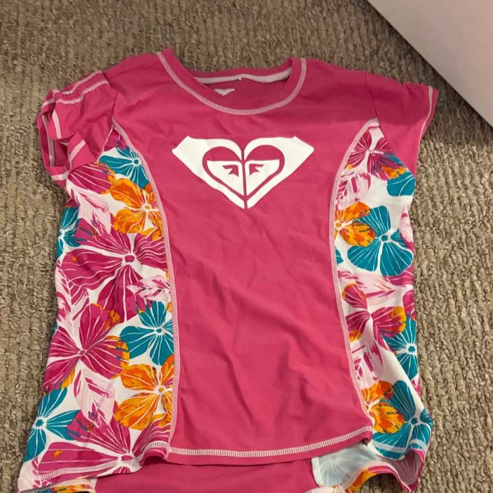 Roxy Girls Pink Floral Panel Short-Sleeve Rashguard
